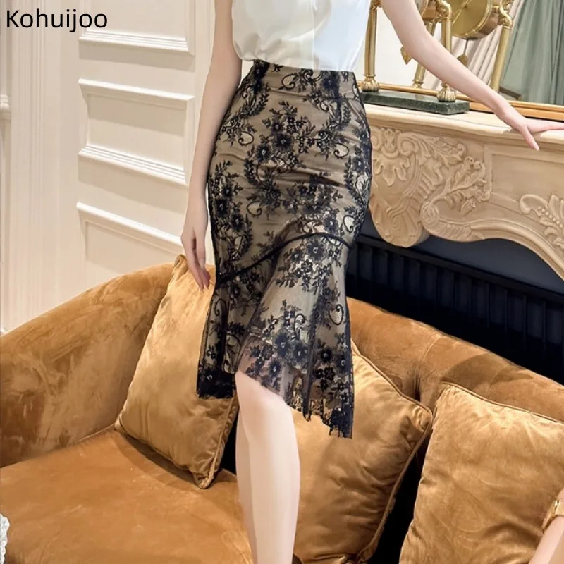 

Kohuijoo Women's Summer Skirt 2023 Black Korean High Waist Lace Skirts for Women Fashion Sexy Slim Irregular Fishtail Skirt