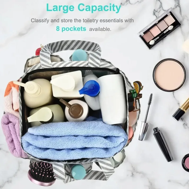Mesh Shower Caddy Tote, Portable College Bathroom Tote, Quick Hold , 8 Basket Pockets with Key Hook and 2 Oxford Handles