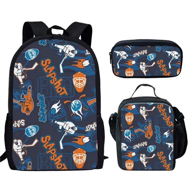 Hip Hop Harajuku Trendy Funny Hockey 3pcs/Set Backpack 3D Print Student Bookbag Travel Laptop Daypack Lunch Bags Pencil Case