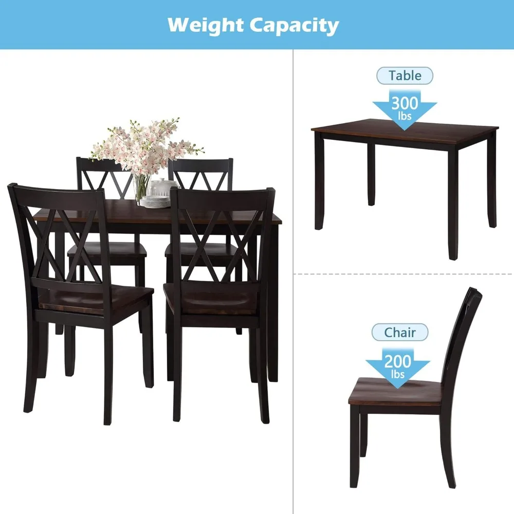 Description Picture 5 of item5-Piece Wooden Dining Room Set, Rectangular Wood Kitchen Table and 4 Chairs, Cherry+ Black