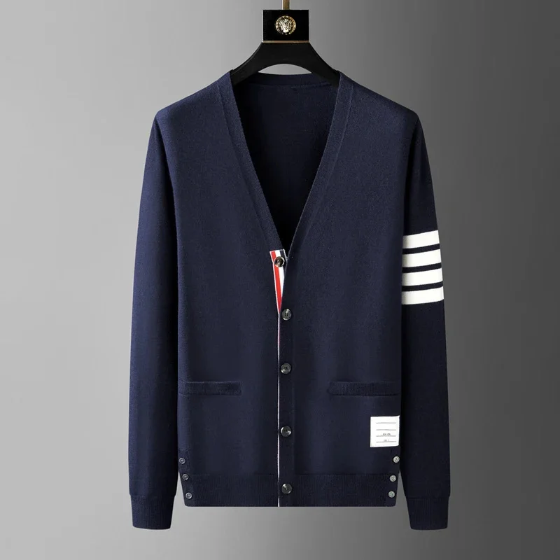 High end brand knitted cardigan men's spring and autumn new classic stripe trend Korean casual side slit V-neck sweater coat