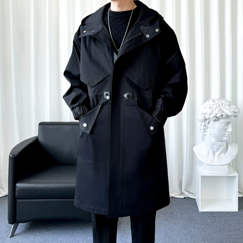 Mens Trench Coats Zippered Streetwear Men's Hooded Jackets Mid Length Big Pockets Oversize Windproof Outwear