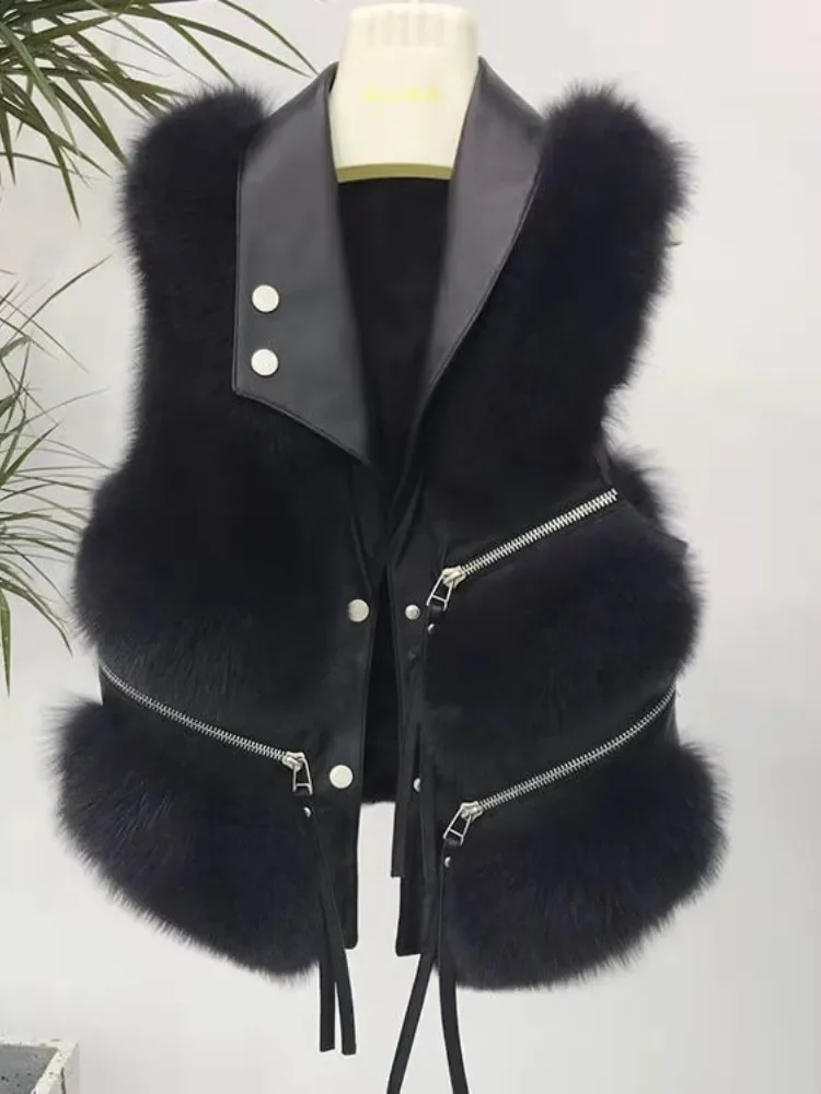 Fluffy Women Vests Coat 2023 New Autumn Winter Splice Zipper Sleeveless Fur Jacket Short Outerwear Artificial Fur Waistcoat