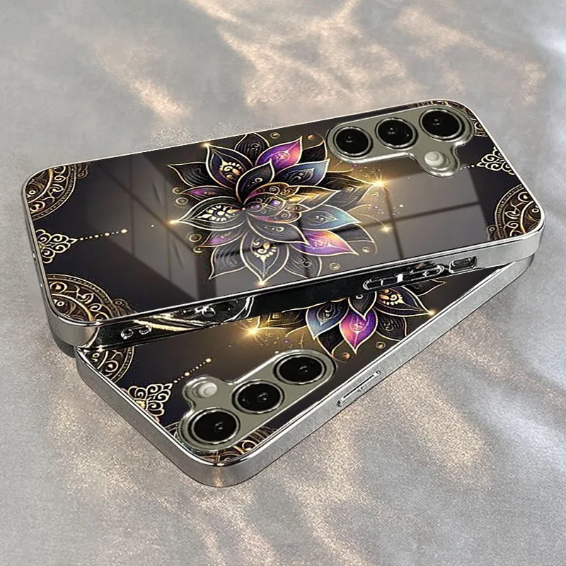 Mandala Lotus Pattern Electroplate Silver Phone Case with Tempered Glass Cover