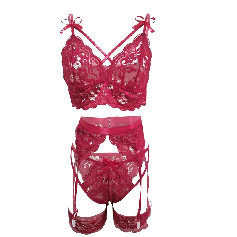 Women's Lace Sexy Lingerie Set 3-Piece Lace Lingerie Lace up Bra and Underwear Set Exotic Sexy Women's Lingerie