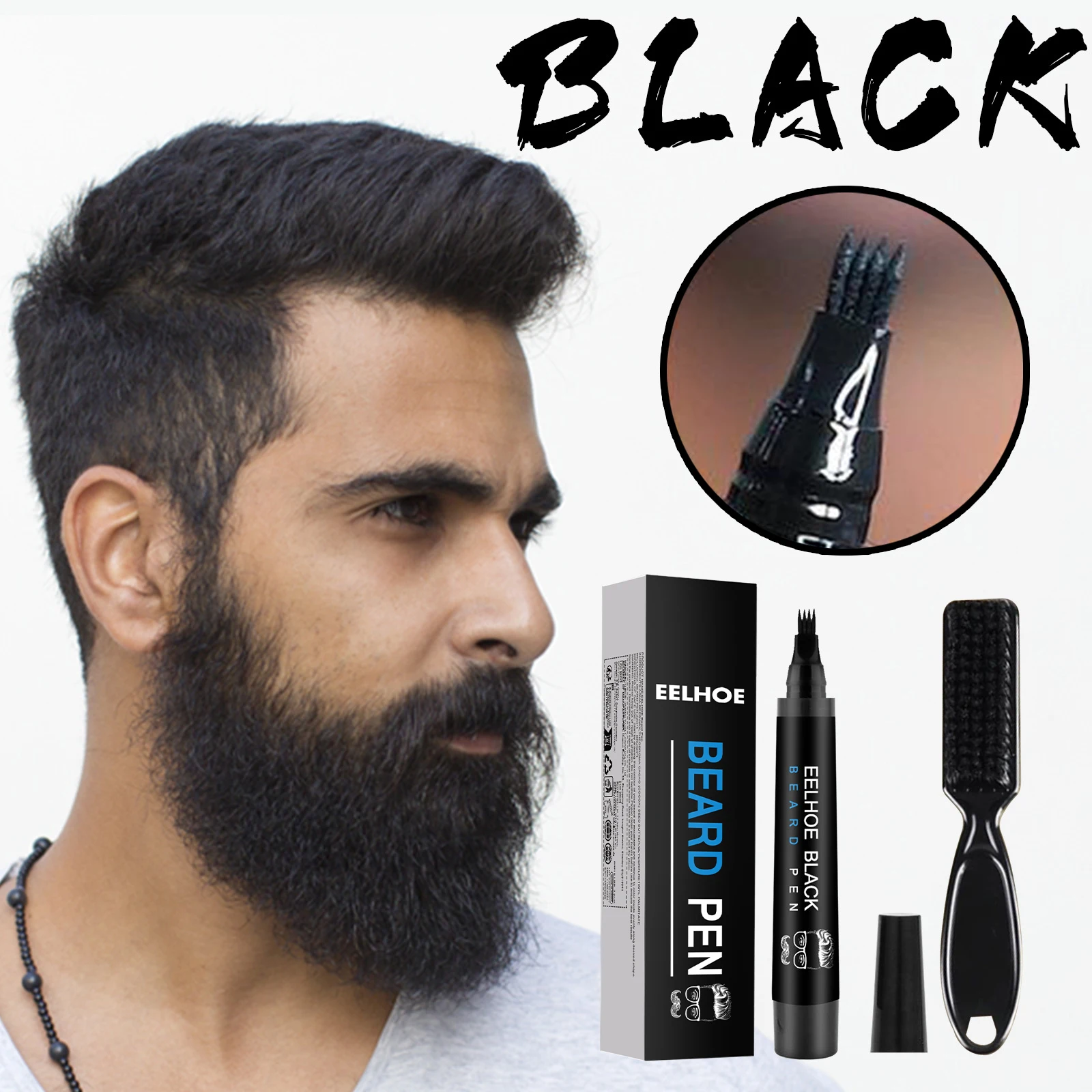 Hair Filling Pen with Brush Kit Black/Brown Waterproof Four Prong Beard Filler Pencil for Hair Eyebrow Eyelash Beard HairFilling