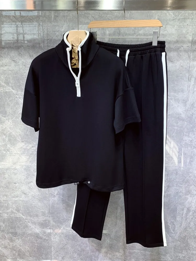 여름 남자 레저 Tracksuit 야외 짧은 소매 T 셔츠 탄성 허리 Sweatpants 2 조각 세트 느슨한 바지 세트 남성 M-XL