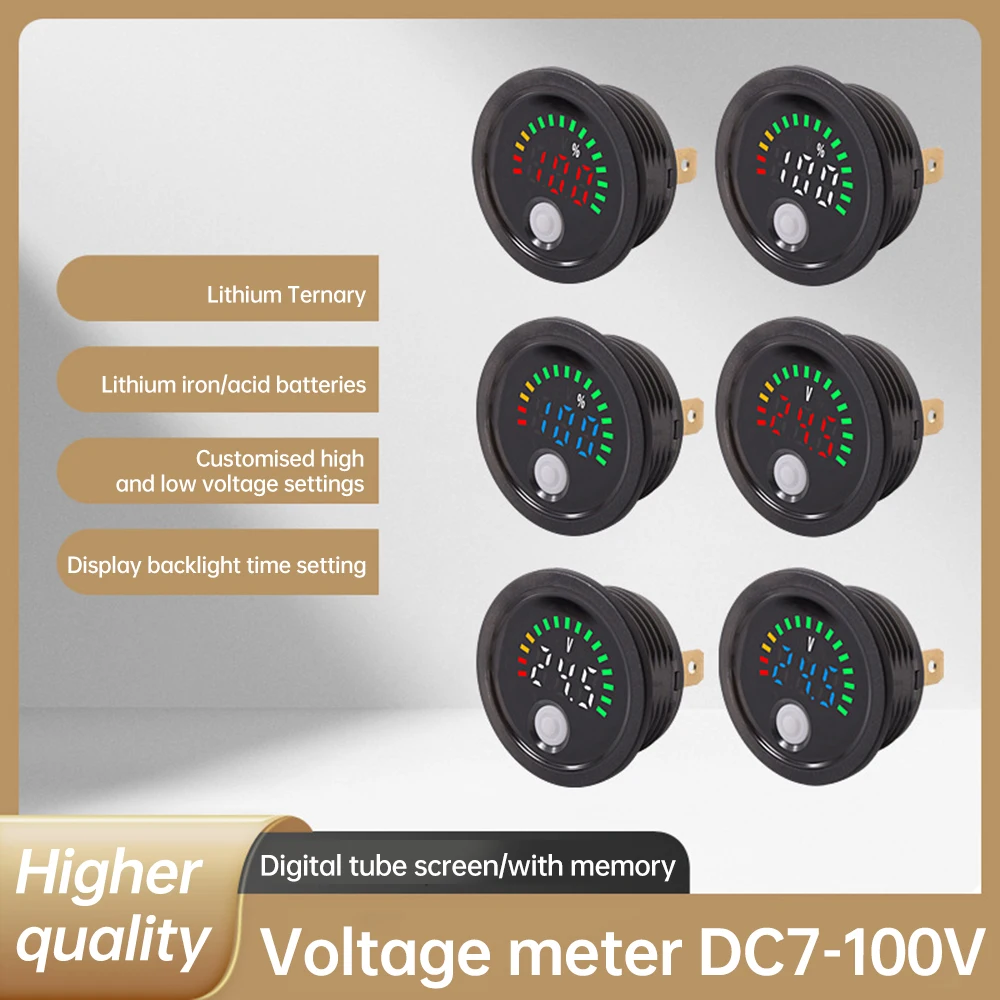 방수형 원형 LED 디지털 배터리 전압계 DC 7-100V 역방향 보호 전원 차단 메모리 리튬 배터리 표시기