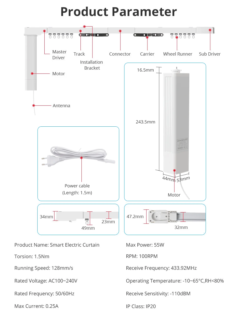 Zigbee Smart Electric Sliding Curtain Motor with Customized Track Works with Tuy