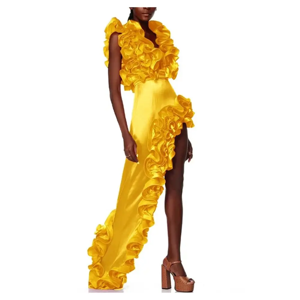 Women Pleated Bikini Frilled V Neck One Piece Swimsuit Asymmetric Design Beach Skirt Advanced Elegance Party Yellow Swimwear