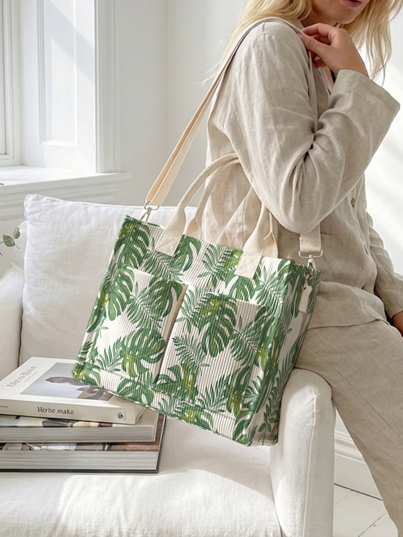 Monstera Corduroy Tote Bag with Pockets 2