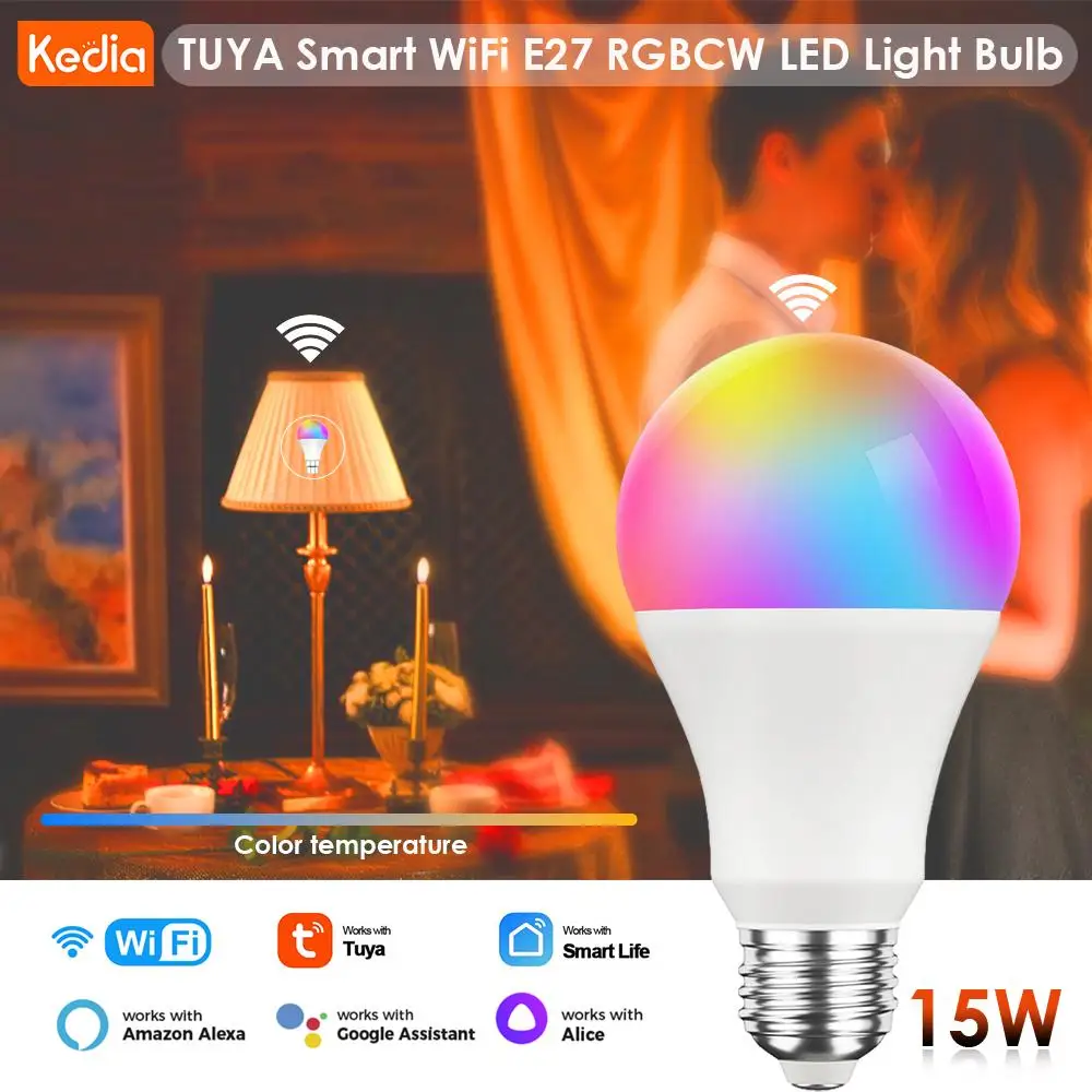

15W Tuya Wifi Smart Bulb E27 Dimmable Colorful LED Lamp RGB Color Light Remote Control Via Smart Life Alexa Google Home Alice