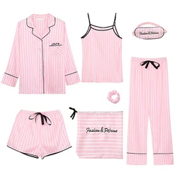 7 Pieces Women 's Pajamas Sets Faux Silk Striped Pyjama Ladies Nightwear Sleepwear Suits  Homewear Home Service