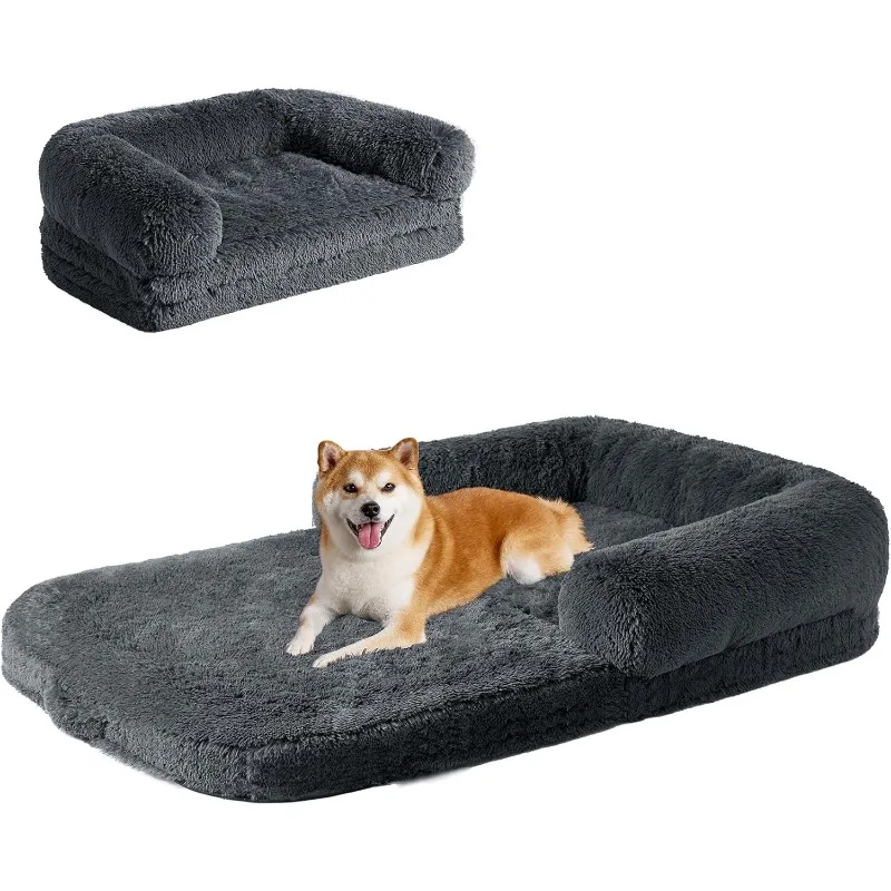 Foldable XXL Dog Bed, Faux Fur Fluffy Dog Bed for Extra Large Dogs, Orthopedic Calming Memory Foam Big Couch Bed