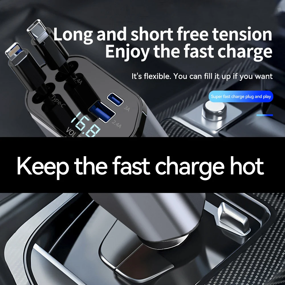 

New 4 In 1 Fast Car Charging Data Cable For Iphone 120W Super Fast Charging Expansion USB Type C Quick Data Charger Lines