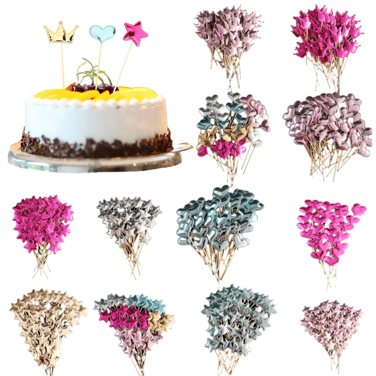 50 Pezzi Colorati Cake Topper Crown Stars Heart Cupcake Plug In Decor Fruit Pick Sticks Stuzzicadenti Compleanno Forniture Per Matrimoni