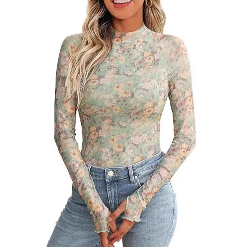 Women Floral Print Long Sleeve Slim Fit T Shirt Summer