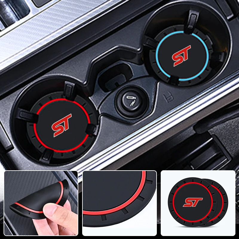 Car Coasters Non-Slip Waterproof Cup Pad For Ford ST Racing RS S Kuga Fiesta Fusion Mondeo Edge Focus 2PCS