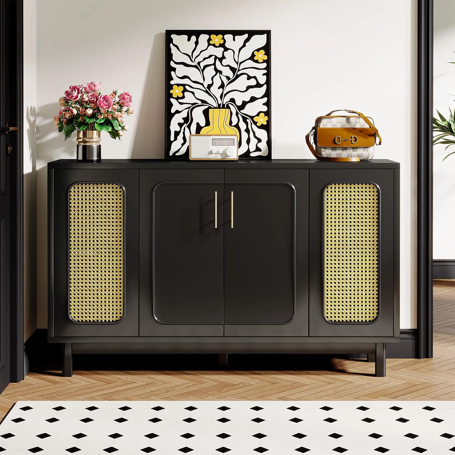 Tribesigns Black Sideboard Buffet Cabinet, 55" Modern Rattan Sideboard Cabinet with 10 Storage Compartments, Coffee Bar Accent S