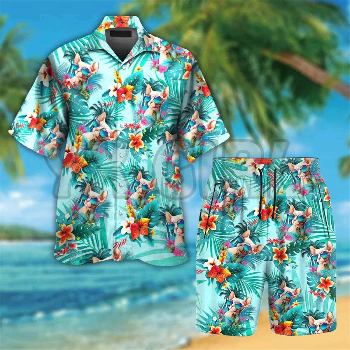 Devon Rex Cat Wearing Sunglasses Funny Colorful Hawaiian Shirt 3D Printed Hawaiian Shirt+Beach Shorts Men Love Dog Gift