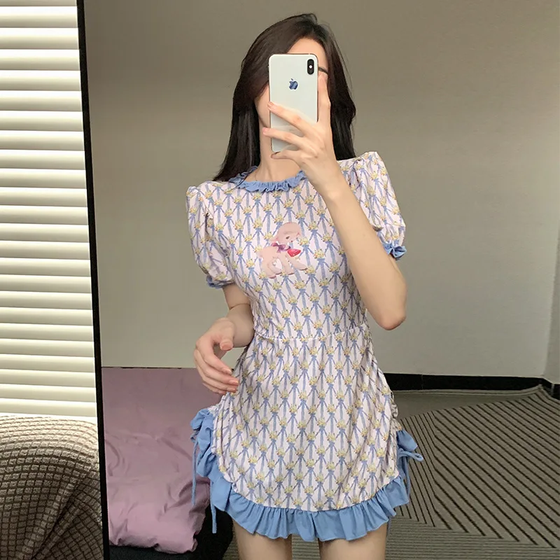 

2023 Korea Style Monokini Women Swimwear Dress One Piece Swimsuit Sheep Print Bathing Suit Sexy Monokini Beachwear Skirt