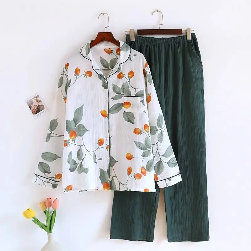 Big Size Sleepwear Women Spring Autumn Cotton Pajamas Set Long Sleeve Button Cardigan Pants Homewear Prints Loungewear Pajamas