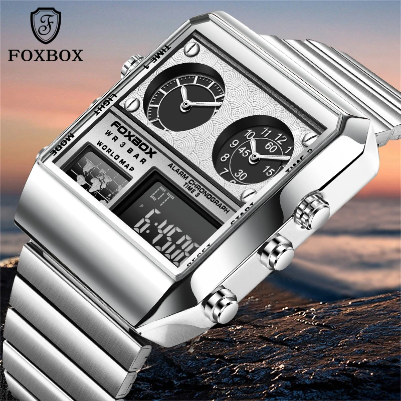 Classic Square Fashion Men Watch Luxury Dual Display Waterproof Military Watches Chronograph Alarm Stainless Steel Quartz Watch