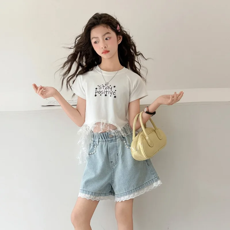 여아 반바지 여름 2026 레이스 트림 연청 데님 반바지 진주 장식 하이웨이스트 아동복