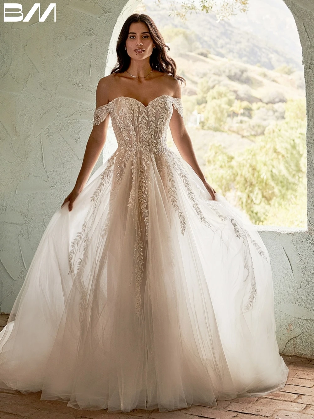 

Graceful Off the Shoulder Evening Dresses Sequins A-line Bridal Gown Classic Floor-length Bride Dresses Vestidos De Novia