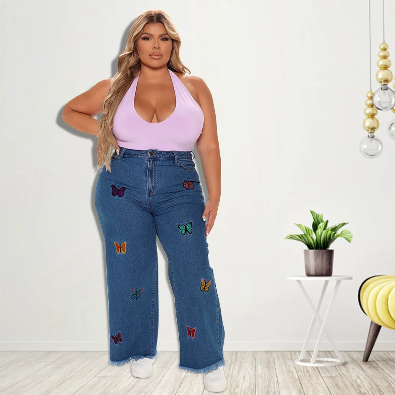 Plus Size Jeans Autumn Butterfly Cargo Pants Women Denim Trousers Streetwear Casual Y2K Female Bottoms L-5XL Oversized Jean Wear vintage y2k blue jeans retro sashes denim pants ruched drawstring cargo pants women big pockets trousers women streetwear jean