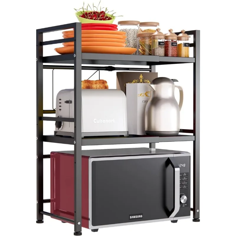 

Carbon Steel Over Microwave Shelf Countertop 3 Tier with 3 Hooks,Expandable Stand Countertop Kitchen Utensils Tableware Storage