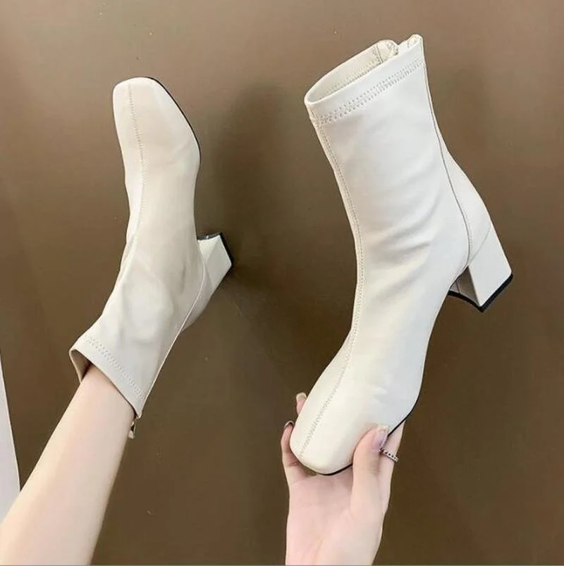 Autumn Women Fashion Square High Heels Zapatos De Mujer White Patent Leather Shoes Ankle Boots Black Woman Zipper women shoes
