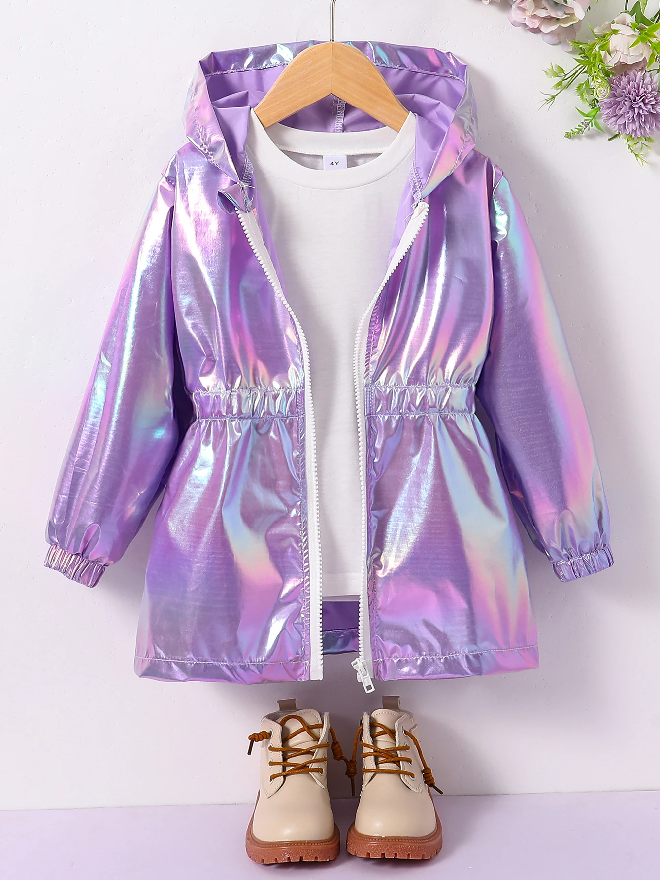 Girls' laser windbreaker jacket, multi-functional sunscreen raincoat with a fitted waist, thin style, mid-length zipper hoodie, - 3