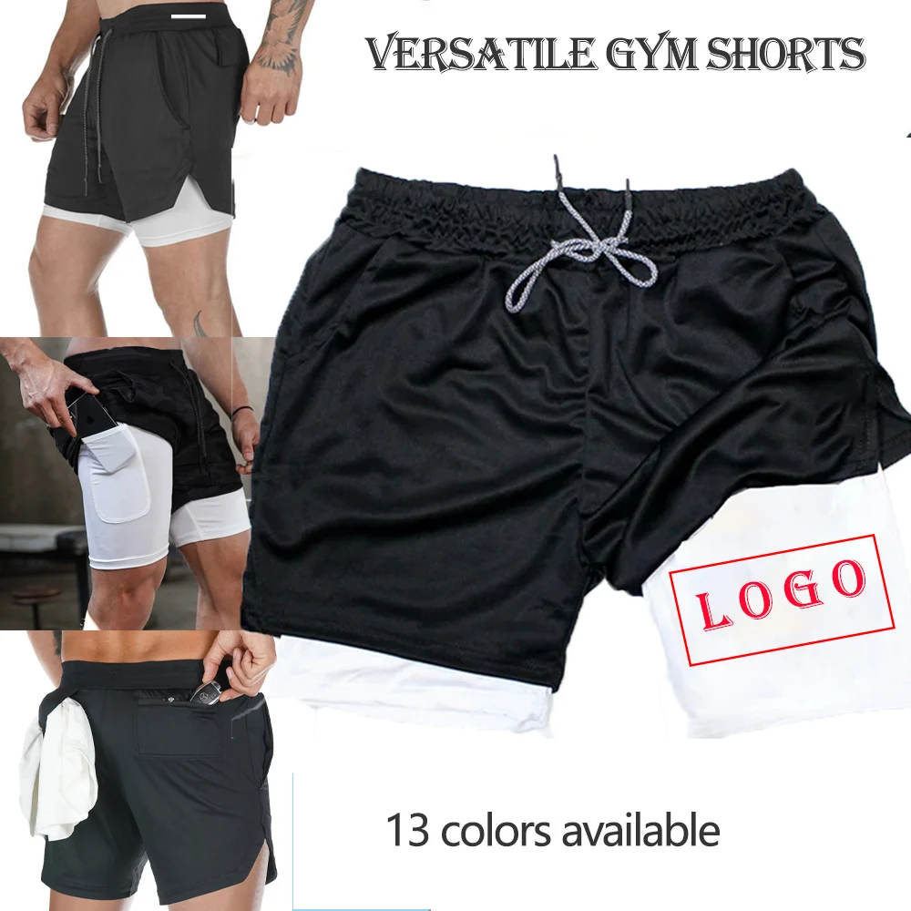 

Custom You Own Logo 2D Compression Shorts for Men 2 in 1 Performance Gym Shorts with Pockets Quick Dry Running Workout Sportwear