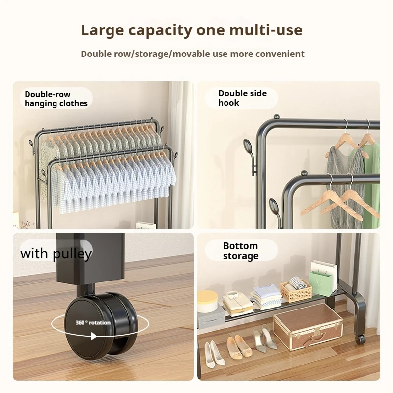 Clothes Rack Dual Pole Clothes Hanger Movable Wardrobe Stand for Shelves Home Furniture Standing Coat Sotrage Rack