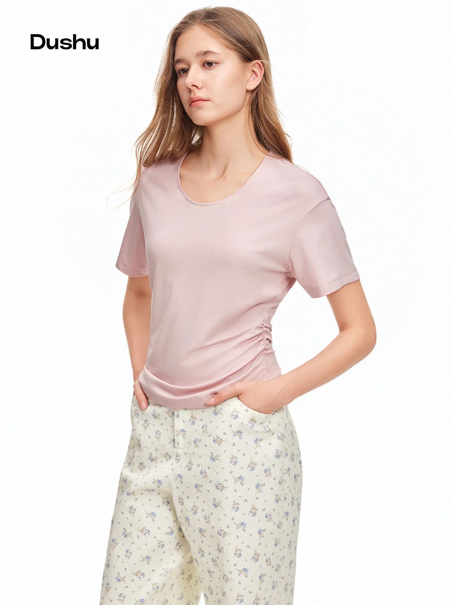DUSHU 2026 Summer Women's Multi-Color U-Neck Short Sleeve T-Shirt - Fresh Summer Collection for Daily Casual Wear