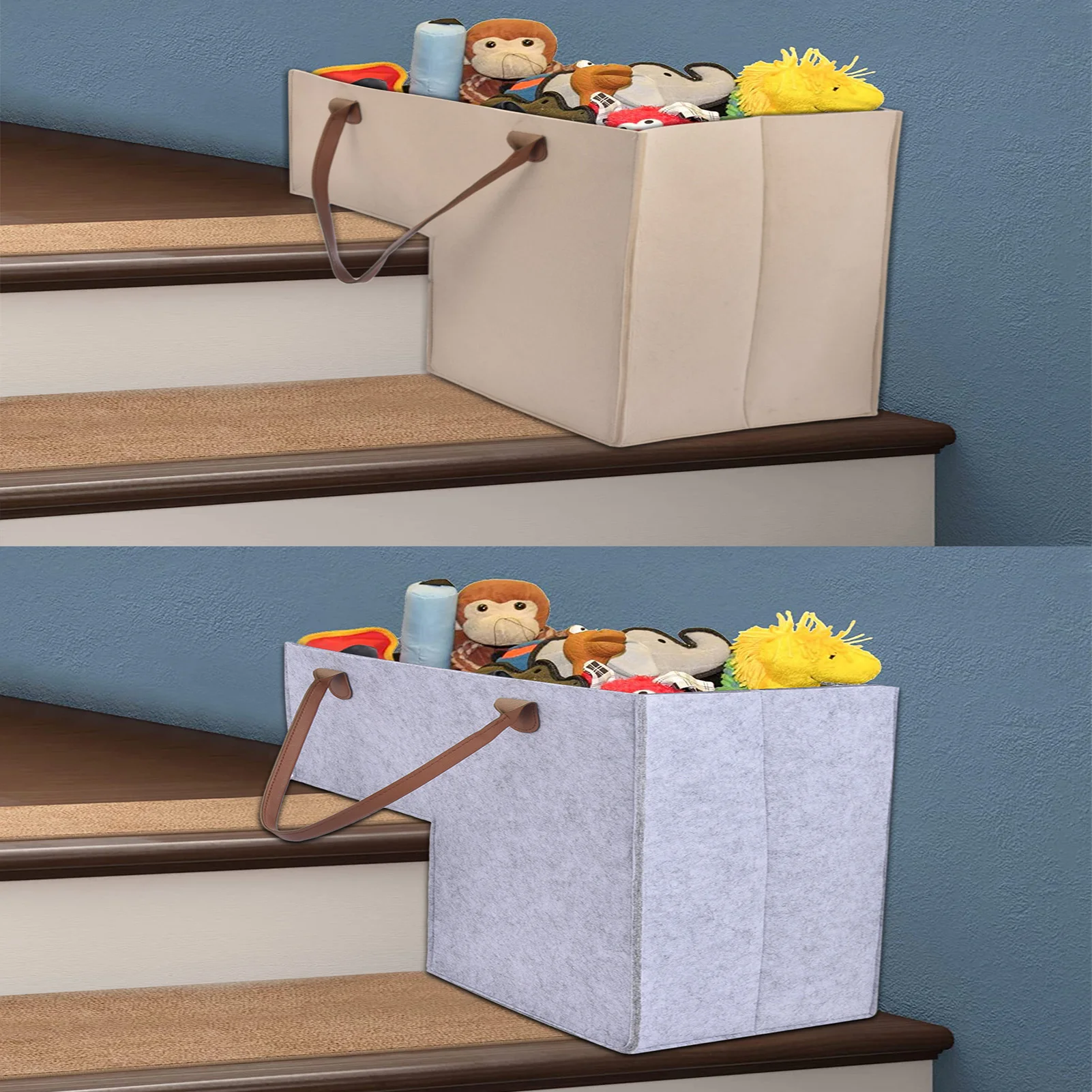 Lshape Stair Basket Organizer, Fabric Staircase Storage Organizer With Leather Handles