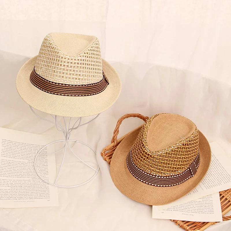Fashion Breathable Straw Hats for Kids Boys Party Outdoor UV Protection Caps for Children Sumemr Beach Traveling Sunshade Caps