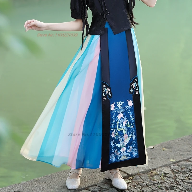 

Китайская традиционная шифоновая юбка с вышивкой Феникса, винтажная трапециевидная юбка в стиле ретро, этническая юбка с поясом на резинке, 2024