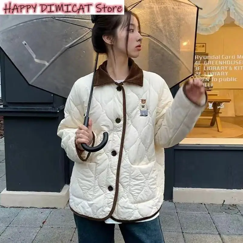 

Women Casual Oversize Jacket Winter Black Bear Embroidery Cotton Jacket Korean Gourd Pattern Quilted Retro Thickened Coat