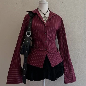Gothic Punk Grunge Y2K Women's Blouse Sexy Slim Chic Casual Lapel Striped Long Sleeve Shirt Vintage Aesthetics Hottie Streetwear 1