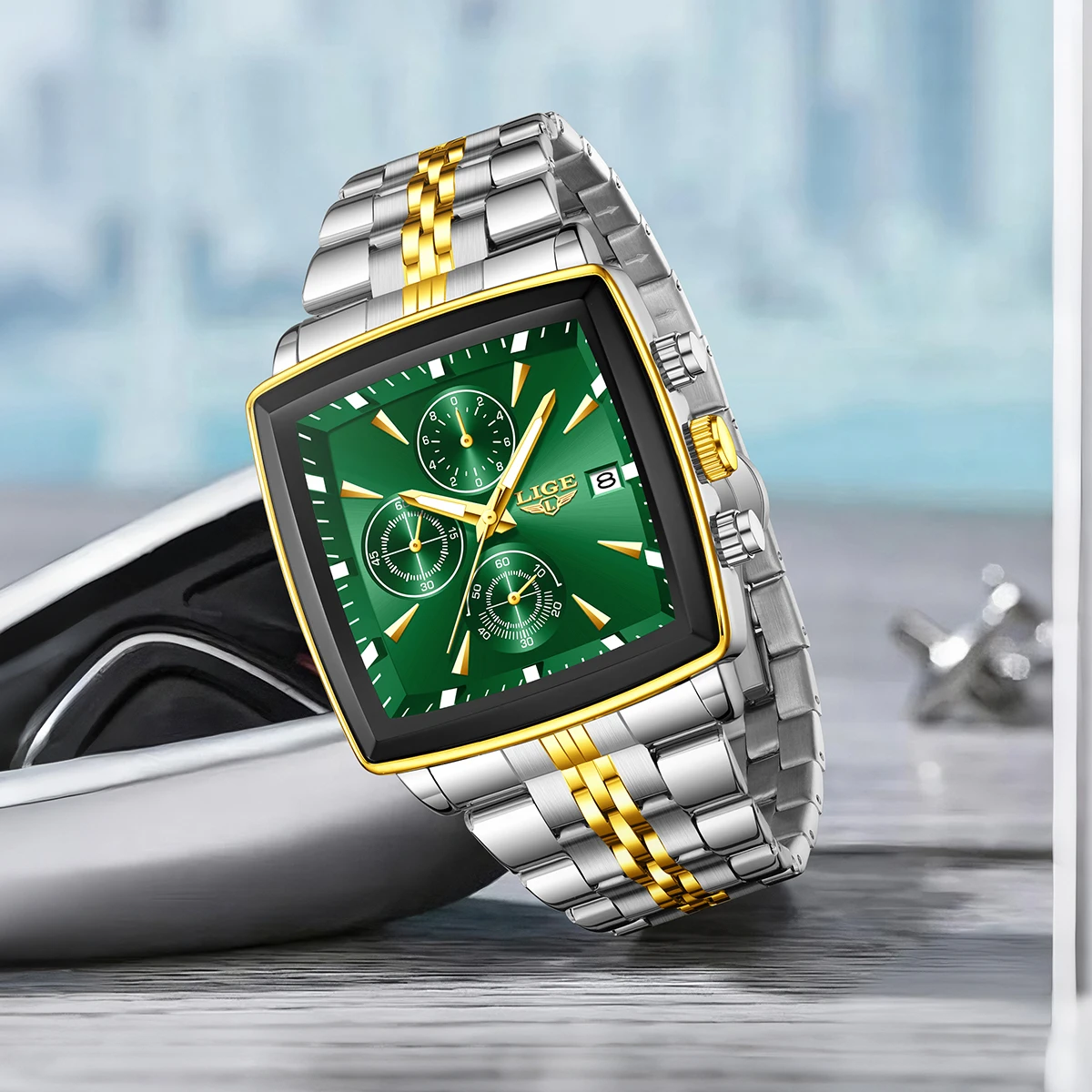 LIGE Fashion Men's Luminous Waterproof Chronograph Wristwatch with Date Function - Square Quartz Design, Includes Box