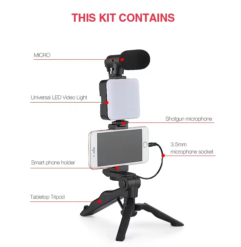 AY-49 Tripod Vlogging Kit Smartphone Vlog LED Light Live Streaming Microphone Video Making Kit