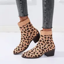 

Leopard Print Ankle Sock Boots Women High Heels Pointed Toe Stretch Boot 2021 Autumn Winter Slip-on Shoes 5 Color botas de mujer