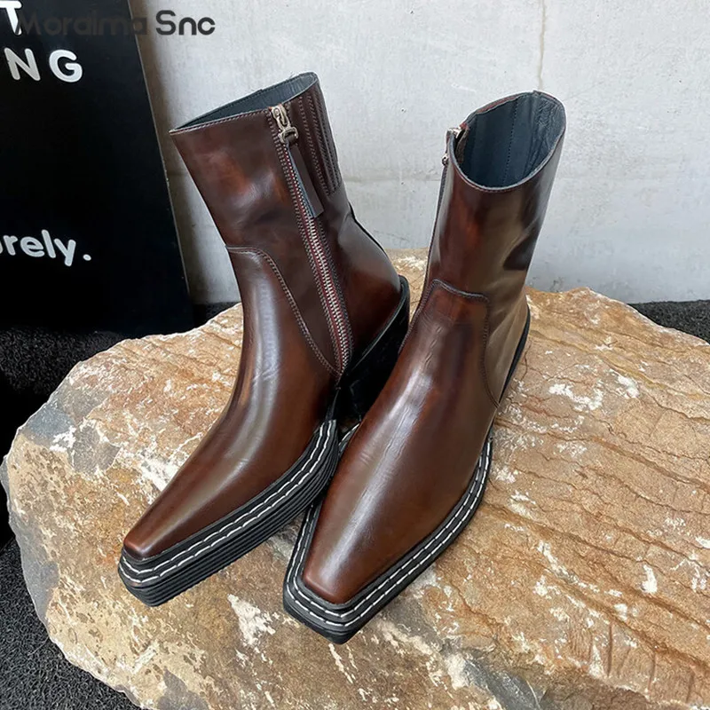 Retro Handsome Chelsea Short Boots Autumn and Winter Fashion Pointed Toe Thick Heel Mid-Heeled Boots Personalized Women's Boots