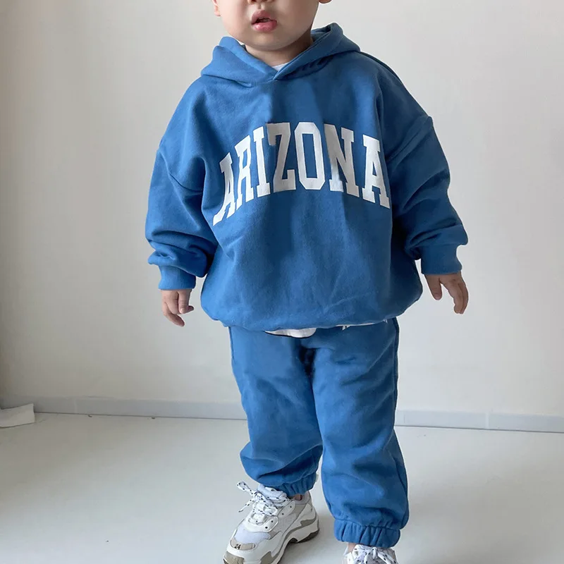 

Winter Toddler and Baby Girls Boys Loose Fleece Hoodie+Sweatpant Sets Letter Print Hooded Child Tracksuit Kids Outfits 1-8 Years