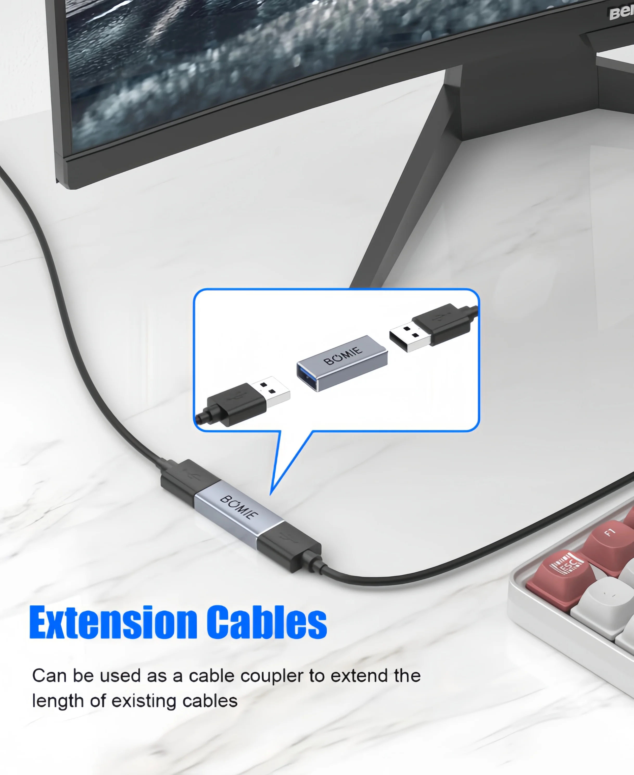 USB 3.0 타입 A 암-암 연장 어댑터 커넥터, 5Gbps 데이터 전송 및 연장 연결을 위한 충전 기능, USB-A 2개 연결