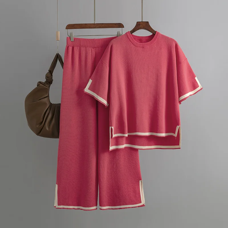 MODX New Fashion Set Temperament Contrast Color Split Short Sleeve Knitwear+High Waist Slim Wide Leg Pants Two Piece Set