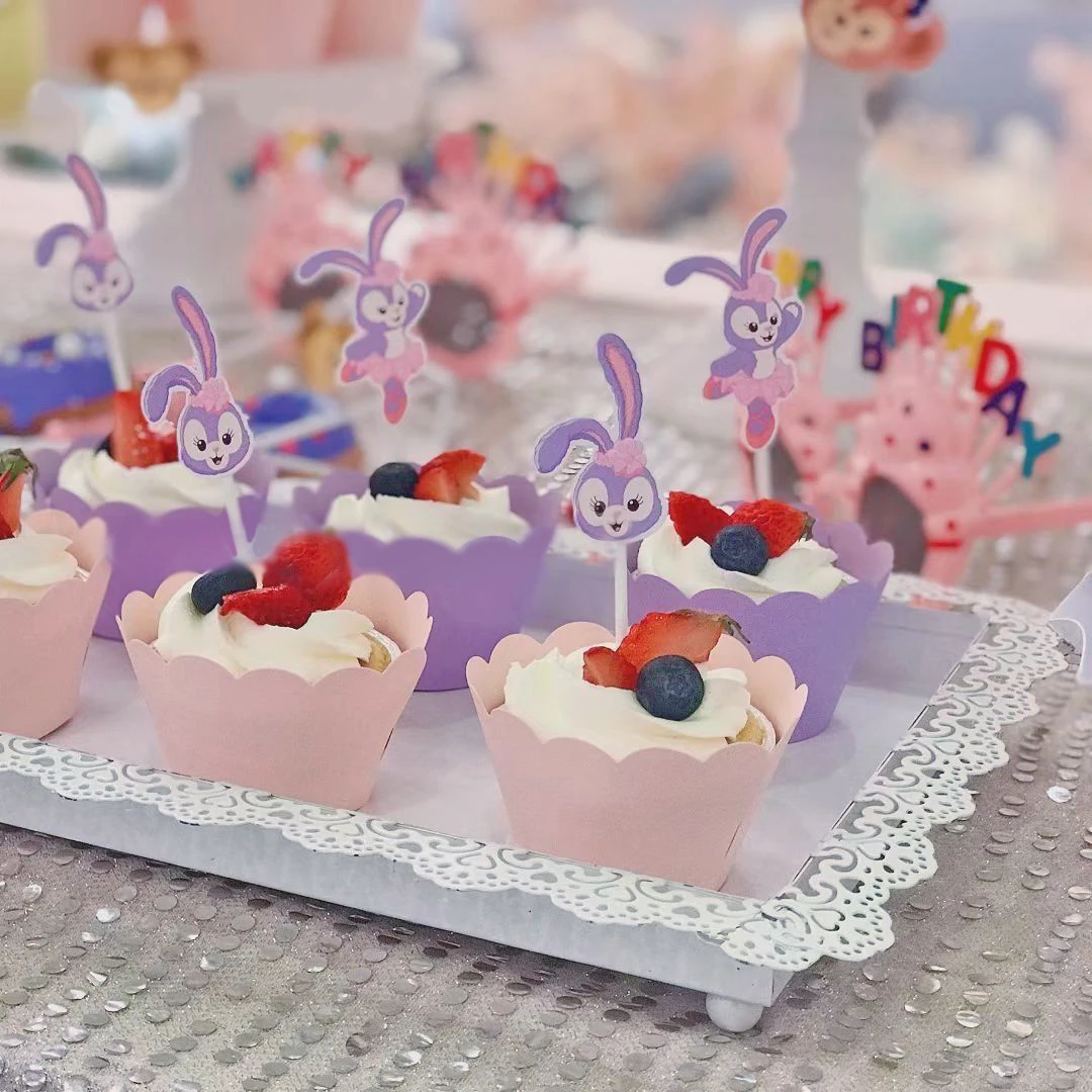 

Purple Rabbit Dessert Decorations Cute Bow Bear Paper Topper Baby Birthday Banquet Cupcake Straw Strap Hat Cake Baking Supplies