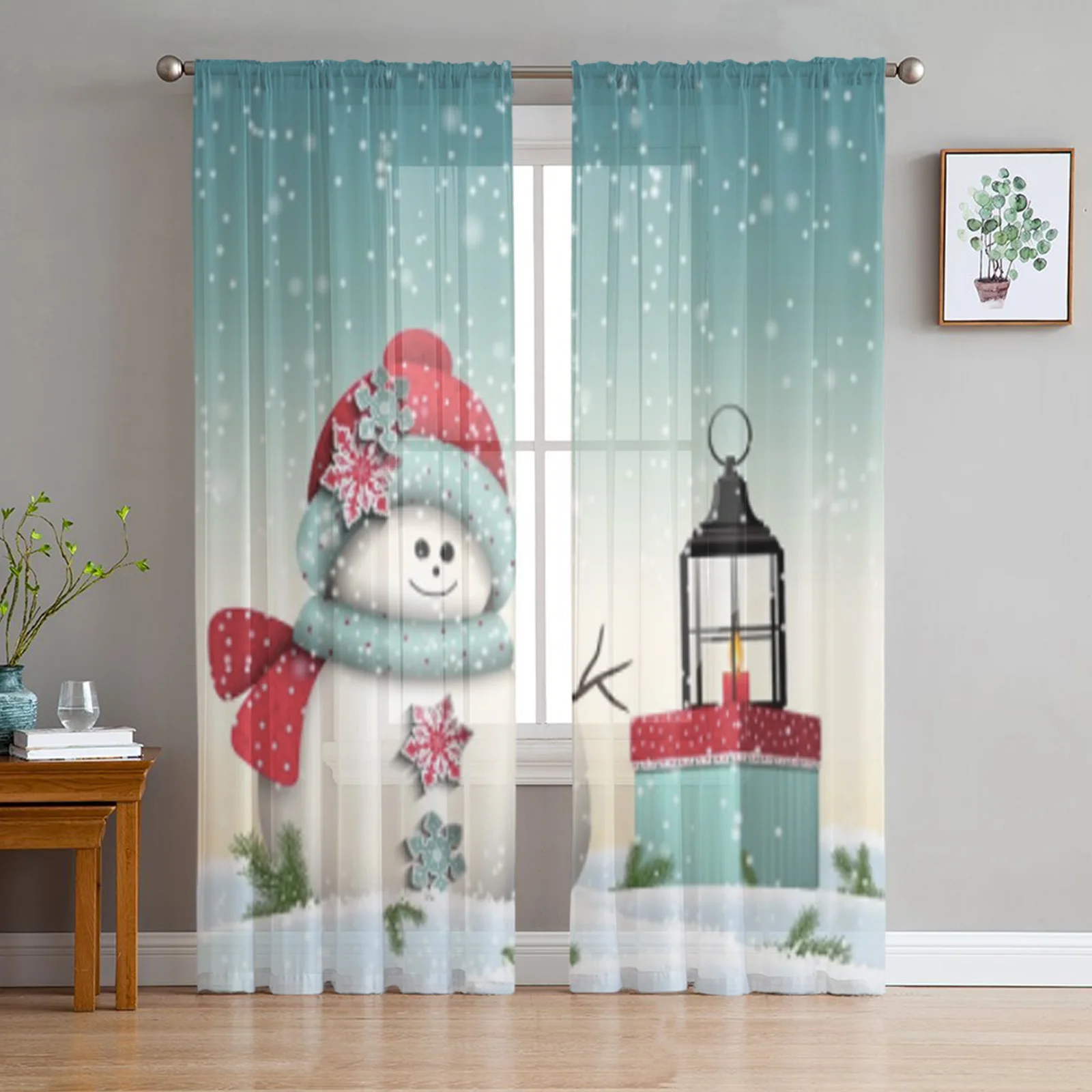 

Cute Snowman With Colorful Present Tulle Window Curtain For Living Room Bedroom Voile Sheer Curtains Kitchen Treatments Drapes
